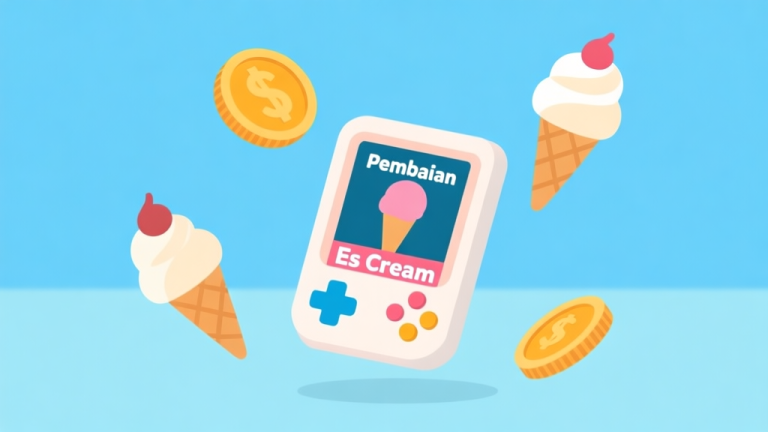 自动生成图片: Ilustrasi minimalis perangkat game bergaya "Pembuat Es Krim", dengan ikon koin dan es krim melayang di sekitarnya, latar belakang biru muda yang bersih, desain datar dan modern high quality illustration, detailed, 16:9