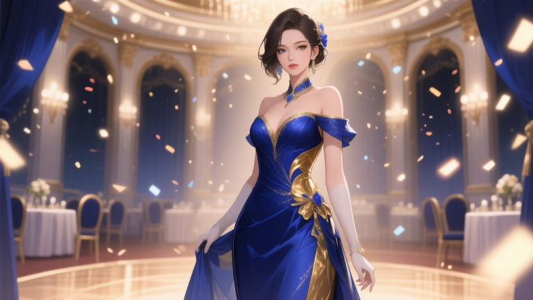 自动生成图片: Ilustrasi karakter game wanita dengan gaun pesta elegan berwarna biru malam dan emas, berdiri di latar belakang balroom virtual yang mewah, dengan efek partikel cahaya lembut di sekitarnya, gaya seni digital game mobile yang bersih high quality illustration, detailed, 16:9