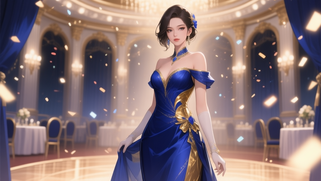 Ilustrasi karakter game wanita dengan gaun pesta elegan berwarna biru malam dan emas, berdiri di latar belakang balroom virtual yang mewah, dengan efek partikel cahaya lembut di sekitarnya, gaya seni digital game mobile yang bersih high quality illustration, detailed, 16:9
