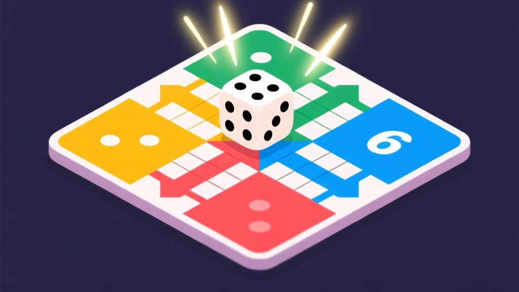 Ilustrasi papan permainan Ludo digital dengan highlight pada dadu yang menunjukkan angka sama (misalnya, tiga angka 6) berturut-turut, efek visual cahaya di sekitar dadu, gaya flat design yang bersih dengan warna-warna cerah namun tidak terlalu mencolok, komposisi minimalis high quality illustration, detailed, 16:9