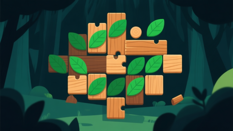自动生成图片: Ilustrasi abstrak dari puzzle game match-3 dengan balok kayu dan daun hijau yang tersusun rumit, skema warna hutan yang gelap namun dengan sorotan cahaya, desain minimalis yang bersih, menggambarkan tantangan dan kebuntuan high quality illustration, detailed, 16:9