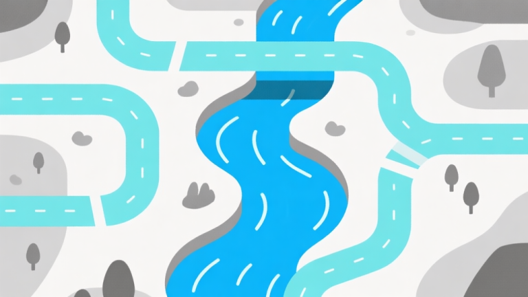 自动生成图片: Ilustrasi konsep naratif game dengan beberapa jalur cerita bercabang seperti sungai, skema warna biru muda dan abu-abu, desain minimalis bersih, gaya infografis abstrak high quality illustration, detailed, 16:9