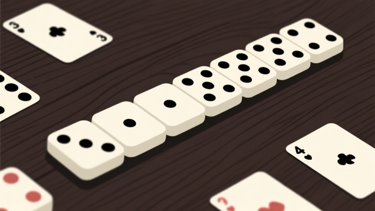 自动生成图片: Ilustrasi minimalis set domino Gaple berjajar rapi di atas permukaan kayu gelap, dengan beberapa kartu terlihat angka-angka titiknya, suasana tenang dan terfokus, gaya clean dan profesional high quality illustration, detailed, 16:9