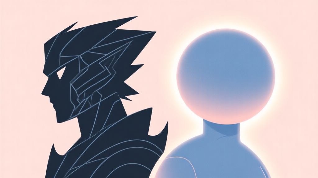 Ilustrasi konseptual dua karakter siluet berdampingan, satu dengan detail rumit dan garis tajam, satu lagi dengan bentuk bulat sederhana dan aura cerah, skema warna pastel lembut, gaya minimalis bersih, menggambarkan kontras desain karakter high quality illustration, detailed, 16:9