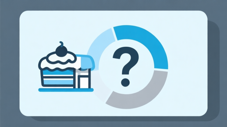 自动生成图片: Ilustrasi grafis sederhana dengan diagram analisis akar masalah, menunjukkan ikon toko kue yang sepi dengan tanda tanya besar di sekitarnya, skema warna biru muda dan abu-abu, desain minimal bersih, gaya infografis bisnis high quality illustration, detailed, 16:9