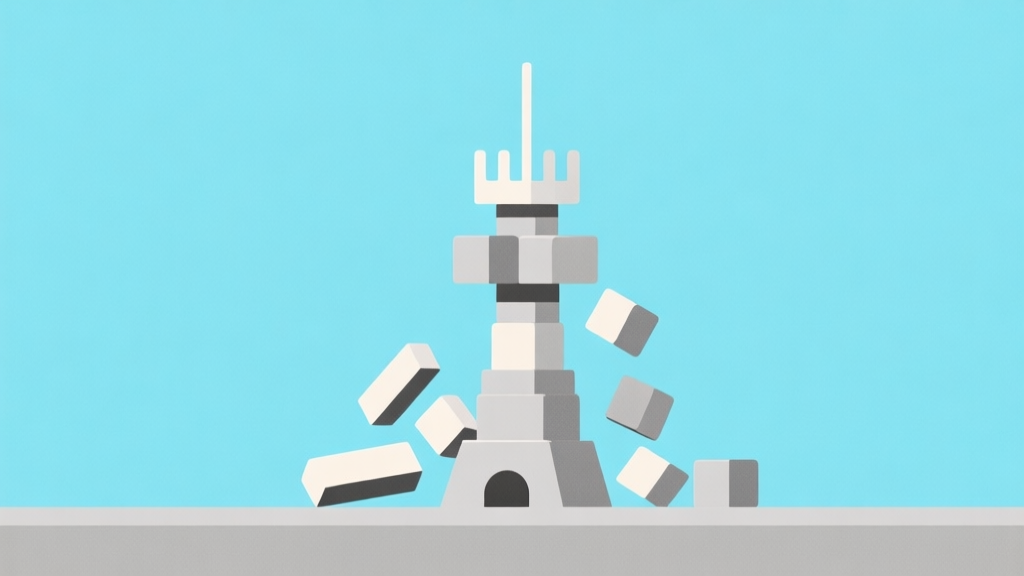 Ilustrasi minimalis dari menara balok yang tidak stabil dengan beberapa balok berjatuhan, latar belakang polos berwarna biru muda dan abu-abu, gaya desain bersih, menampilkan konsep frustasi dalam game puzzle high quality illustration, detailed, 16:9