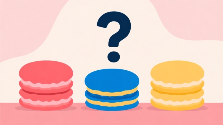 自动生成图片: Ilustrasi minimalis dari tiga tumpukan kue berwarna (merah muda, biru, kuning) yang tidak sejajar, dengan tanda tanya besar di latar belakang yang lembut, menggambarkan kebingungan, gaya flat design yang bersih high quality illustration, detailed, 16:9