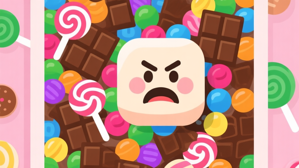 Ilustrasi papan Candy Crush yang rumit dengan banyak cokelat dan permen berwarna-warni, ditumpangi ikon wajah frustrasi yang lucu, gaya flat design minimalis dengan skema warna pastel high quality illustration, detailed, 16:9