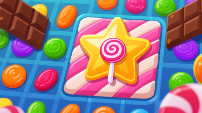 自动生成图片: Ilustrasi close-up Bintang Permen di tengah papan Candy Crush yang rumit, dikelilingi permen warna-warni dan hambatan coklat, gaya ilustrasi game yang bersih dan cerah high quality illustration, detailed, 16:9