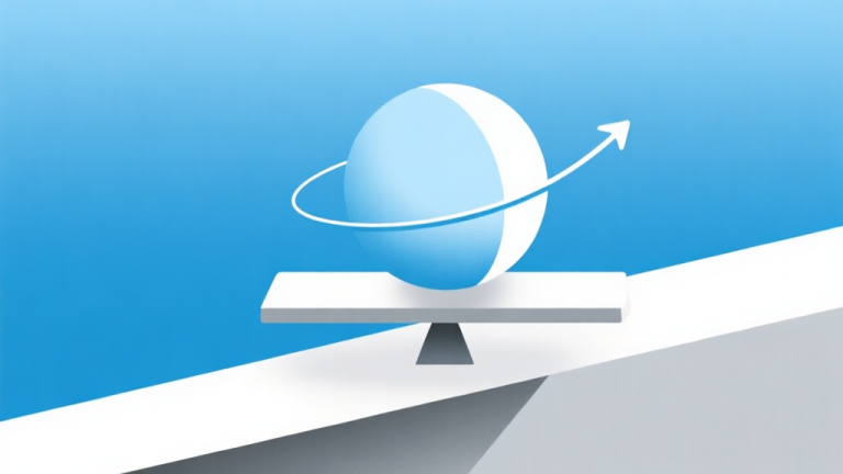 自动生成图片: Ilustrasi minimalis bola seimbang di atas platform sempit, dengan panah gaya vektor tipis yang menunjukkan gaya gravitasi dan tumpuan, skema warna biru muda dan abu-abu, desain bersih, gaya infografis high quality illustration, detailed, 16:9