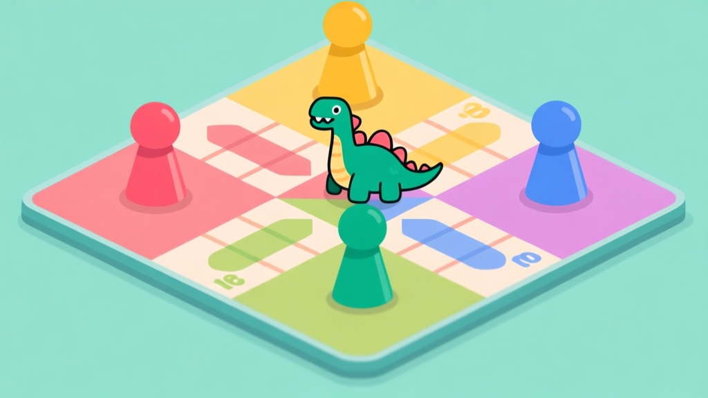 Ilustrasi papan permainan Ludo digital yang cerah dengan empat pion standar dan satu pion yang memiliki skin unik berbentuk dinosaurus kecil, gaya flat design yang bersih, warna-warna pastel yang menyenangkan high quality illustration, detailed, 16:9