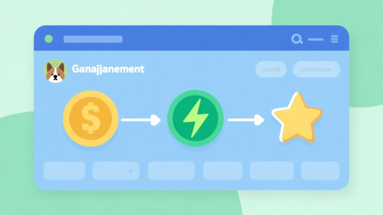 自动生成图片: Ilustrasi minimalis dashboard manajemen game salon hewan, menunjukkan ikon koin, energi, dan bintang yang saling terhubung dengan garis alur, skema warna pastel biru dan hijau yang tenang, desain bersih dan informatif high quality illustration, detailed, 16:9