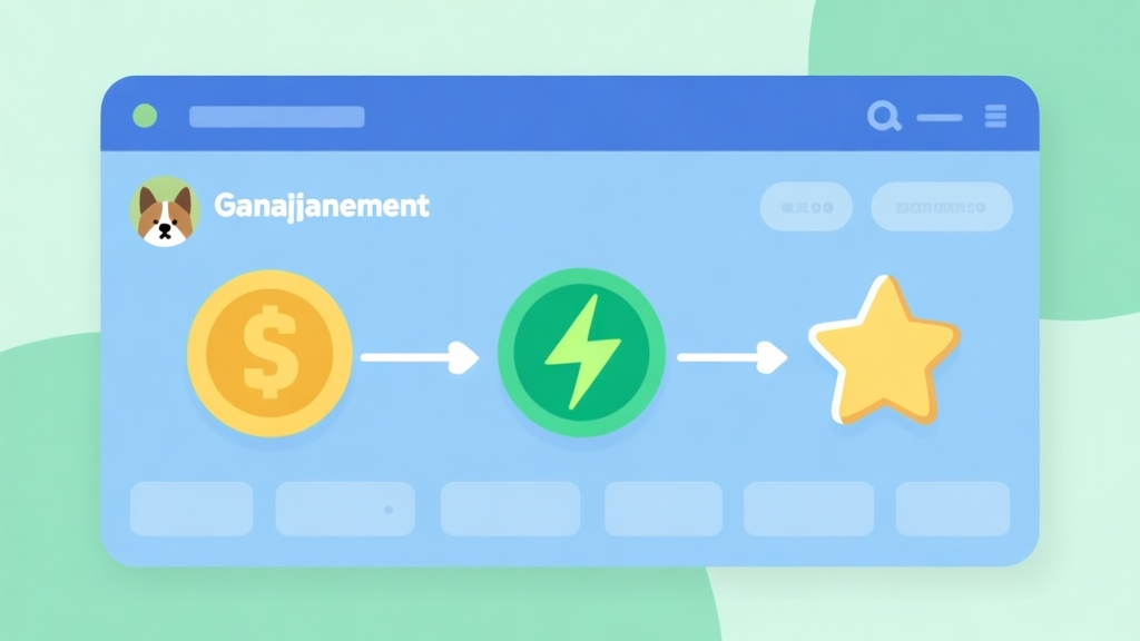 Ilustrasi minimalis dashboard manajemen game salon hewan, menunjukkan ikon koin, energi, dan bintang yang saling terhubung dengan garis alur, skema warna pastel biru dan hijau yang tenang, desain bersih dan informatif high quality illustration, detailed, 16:9