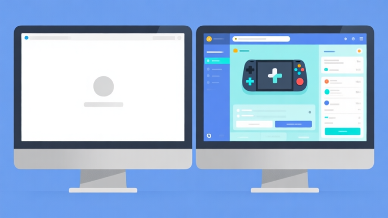 自动生成图片: Ilustrasi minimalis dua layar monitor game berdampingan, satu dengan antarmuka default yang sederhana dan polos, satunya dengan antarmuka yang diperkaya warna dan elemen informasi tambahan, skema warna biru muda dan abu-abu, desain bersih dan profesional high quality illustration, detailed, 16:9