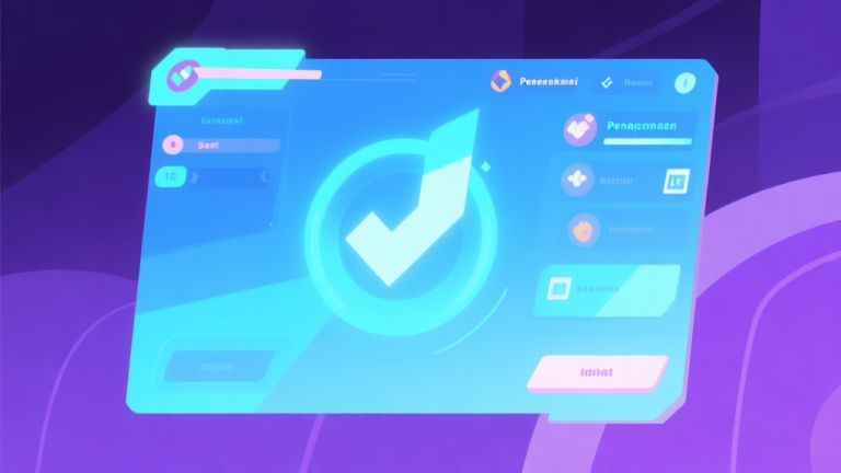 自动生成图片: Ilustrasi konseptual game dengan palet warna yang bercahaya dan elemen antarmuka yang bersih, skema warna biru muda dan ungu, gaya minimalis abstrak, representasi visual dari peningkatan atau kustomisasi dalam game high quality illustration, detailed, 16:9