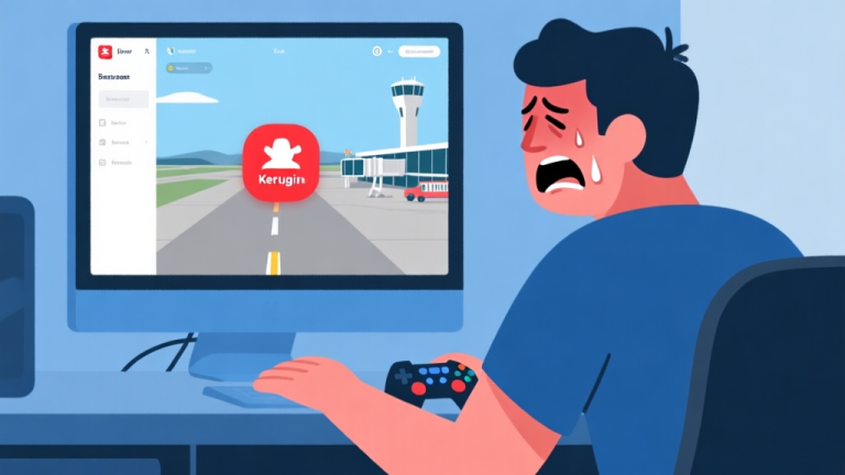 自动生成图片: Ilustrasi konseptual seorang pemain game yang terlihat frustrasi di depan layar komputer yang menampilkan antarmuka simulator bandara dengan ikon merah (kerugian), desain minimal, skema warna biru dan abu-abu yang tenang high quality illustration, detailed, 16:9
