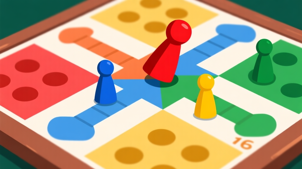 Ilustrasi papan permainan Ludo dengan empat warna bidak tersebar, satu bidak merah 'memukul' bidak kuning, gaya ilustrasi digital yang bersih dengan fokus pada pergerakan dan konflik di papan high quality illustration, detailed, 16:9