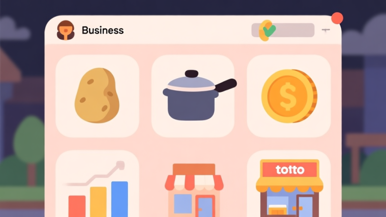 自动生成图片: Ilustrasi antarmuka game bisnis virtual yang sederhana dan bersih, menampilkan ikon-ikon seperti kentang, panci, koin, dan toko, dengan skema warna pastel yang hangat, desain minimalis, gaya infografis yang mudah dipahami high quality illustration, detailed, 16:9