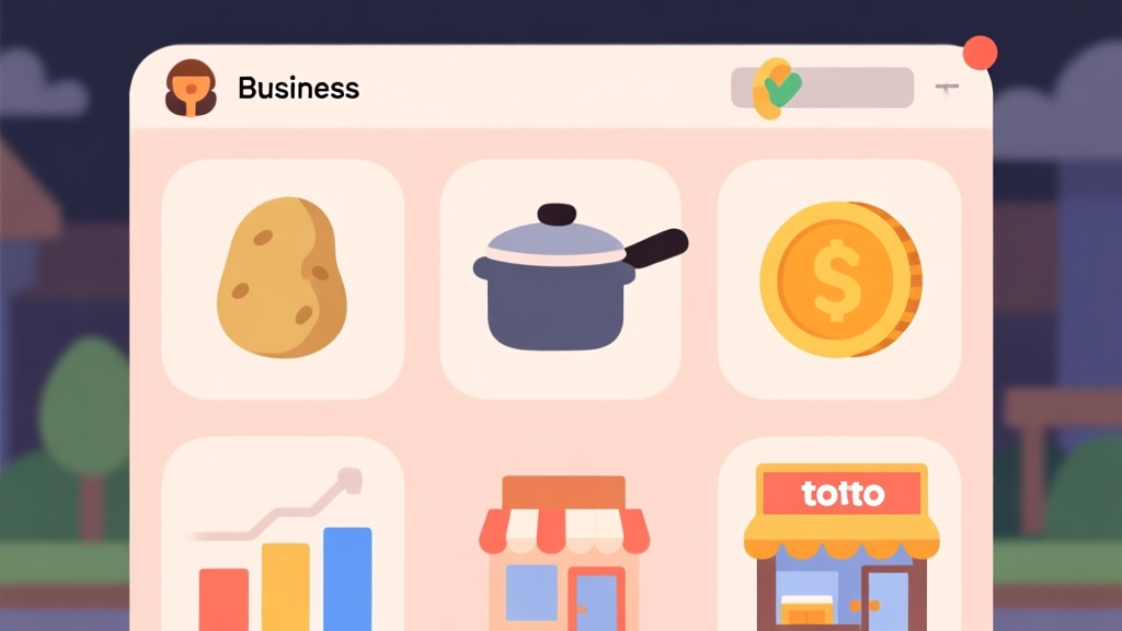Ilustrasi antarmuka game bisnis virtual yang sederhana dan bersih, menampilkan ikon-ikon seperti kentang, panci, koin, dan toko, dengan skema warna pastel yang hangat, desain minimalis, gaya infografis yang mudah dipahami high quality illustration, detailed, 16:9