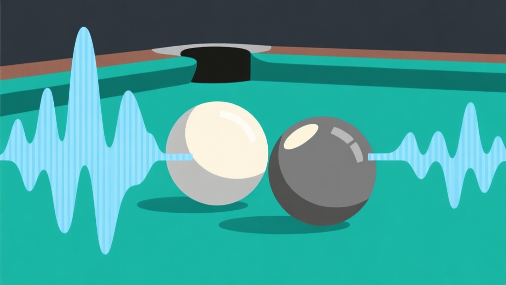 Ilustrasi minimalis dari gelombang suara yang memancar dari tumbukan dua bola biliar di atas kain hijau, skema warna biru lembut dan abu-abu, gaya desain bersih dan abstrak, konsep analisis audio high quality illustration, detailed, 16:9