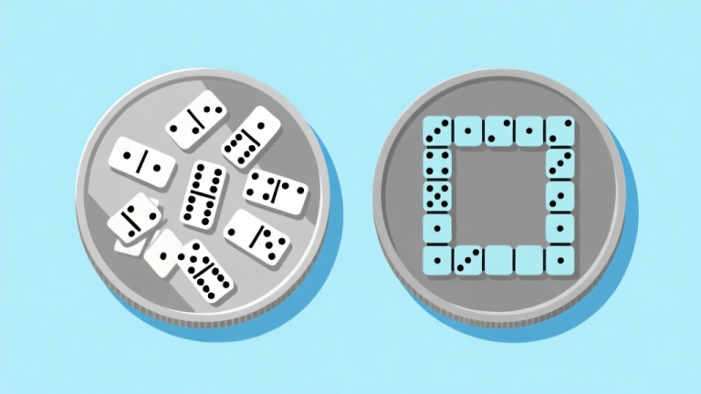 自动生成图片: Ilustrasi konseptual dua sisi koin: satu sisi menunjukkan domino acak berserakan, sisi lain menunjukkan susunan domino rapi membentuk pola menang, skema warna biru muda dan abu-abu, gaya minimalis bersih high quality illustration, detailed, 16:9