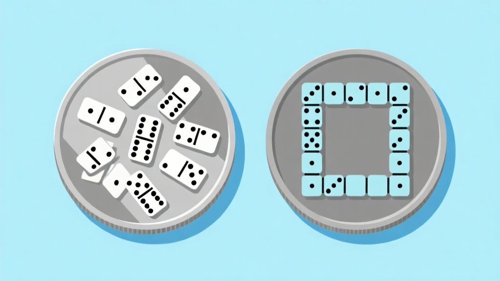 Ilustrasi konseptual dua sisi koin: satu sisi menunjukkan domino acak berserakan, sisi lain menunjukkan susunan domino rapi membentuk pola menang, skema warna biru muda dan abu-abu, gaya minimalis bersih high quality illustration, detailed, 16:9