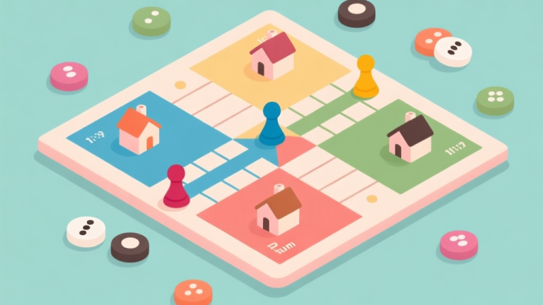 自动生成图片: Ilustrasi papan permainan Ludo dengan empat token berbeda berada di posisi strategis, beberapa dekat dengan 'rumah', lainnya tersebar. Tampak atas, gaya minimalis dengan warna-warna pastel lembut. Konsep strategi dan perencanaan. high quality illustration, detailed, 16:9