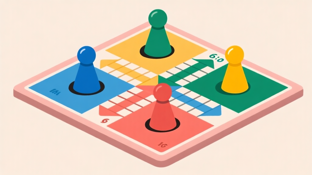 Ilustrasi papan permainan Ludo dengan empat pion berwarna berbeda berada di posisi strategis, satu pion dilindungi oleh pion sekutu, gaya ilustrasi datar yang bersih dengan warna pastel, komposisi minimalis high quality illustration, detailed, 16:9