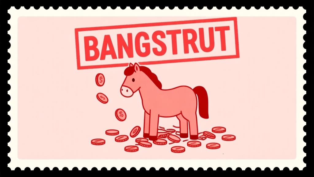 Ilustrasi grafis sederhana tentang meterai 'BANGKRUT' berwarna merah yang dicap di atas gambar salon kuda poni yang kecil dan berantakan, dengan koin-koin jatuh berserakan. Gaya minimalis, skema warna pastel redup dengan aksen merah, nuansa sedih tapi informatif. high quality illustration, detailed, 16:9