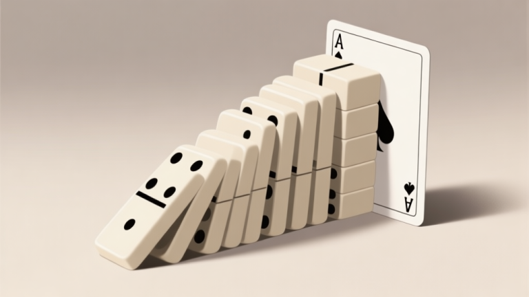 自动生成图片: Ilustrasi minimalis beberapa kartu domino disusun rapi membentuk pola seperti balok atau menara, latar belakang lembut dengan warna netral, gaya clean dan jelas, fokus pada struktur dan keteraturan high quality illustration, detailed, 16:9
