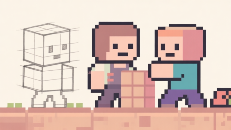 自动生成图片: Ilustrasi minimalis sebuah karakter game piksel sederhana yang sedang dibangun, dimulai dari sketsa kotak-kotak hingga bentuk utuh, dengan palet warna terbatas yang lembut, gaya clean dan informatif high quality illustration, detailed, 16:9