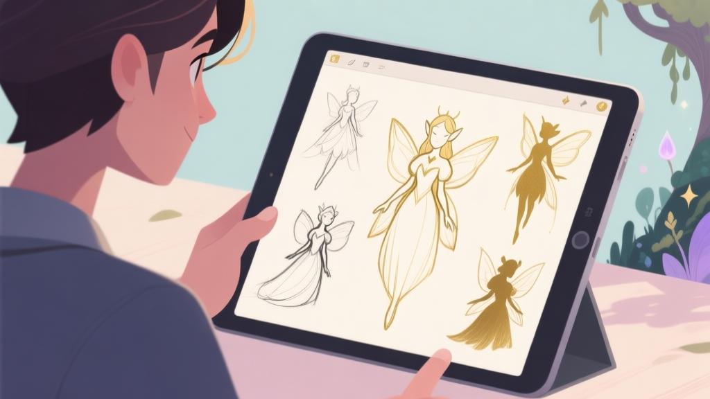Ilustrasi konseptual seorang desainer karakter game yang sedang melihat sketsa berbagai siluet putri peri di layar tablet, dengan moodboard inspirasi alam dan magis di sekitarnya, gaya minimalis dengan warna pastel lembut dan aksen emas, desain bersih dan profesional high quality illustration, detailed, 16:9