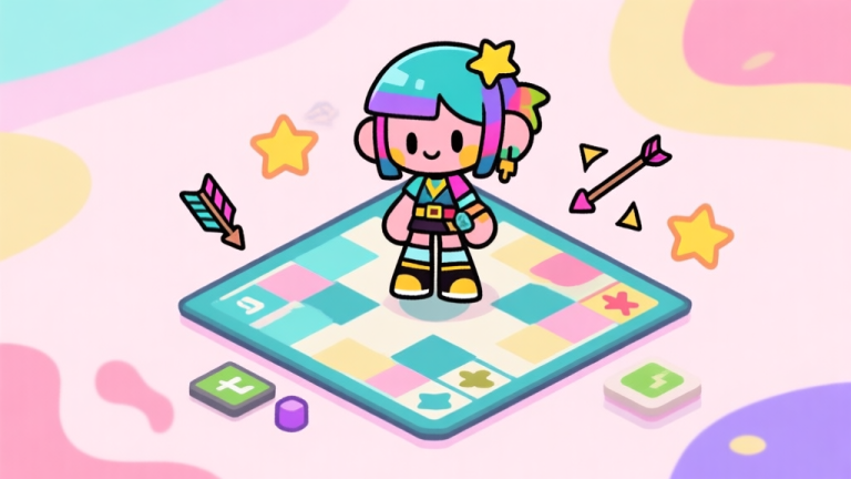 自动生成图片: Ilustrasi karakter game kartun yang ceria dengan gaya Harajuku, berdiri di atas papan permainan abstrak, dikelilingi oleh ikon strategi seperti panah dan bintang, warna pastel cerah namun tidak terlalu mencolok, gaya minimalis dan bersih high quality illustration, detailed, 16:9