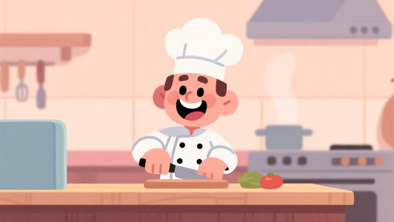 自动生成图片: Ilustrasi karakter game koki kartun yang sedang tersenyum di belakang konter, dengan latar belakang dapur yang sederhana namun bersih, warna pastel hangat, gaya minimalis yang menimbulkan rasa nyaman dan akrab high quality illustration, detailed, 16:9