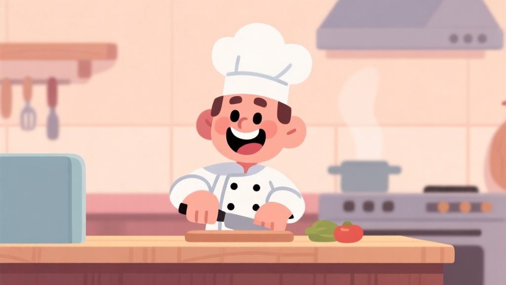 Ilustrasi karakter game koki kartun yang sedang tersenyum di belakang konter, dengan latar belakang dapur yang sederhana namun bersih, warna pastel hangat, gaya minimalis yang menimbulkan rasa nyaman dan akrab high quality illustration, detailed, 16:9