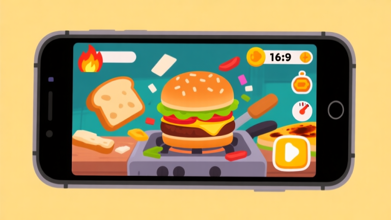 自动生成图片: Ilustrasi game dengan layar ponsel yang menampilkan antarmuka memasak burger yang berantakan, dengan ikon api, roti gosong, dan timer yang hampir habis, dalam gaya seni game mobile yang cerah dan kartun high quality illustration, detailed, 16:9