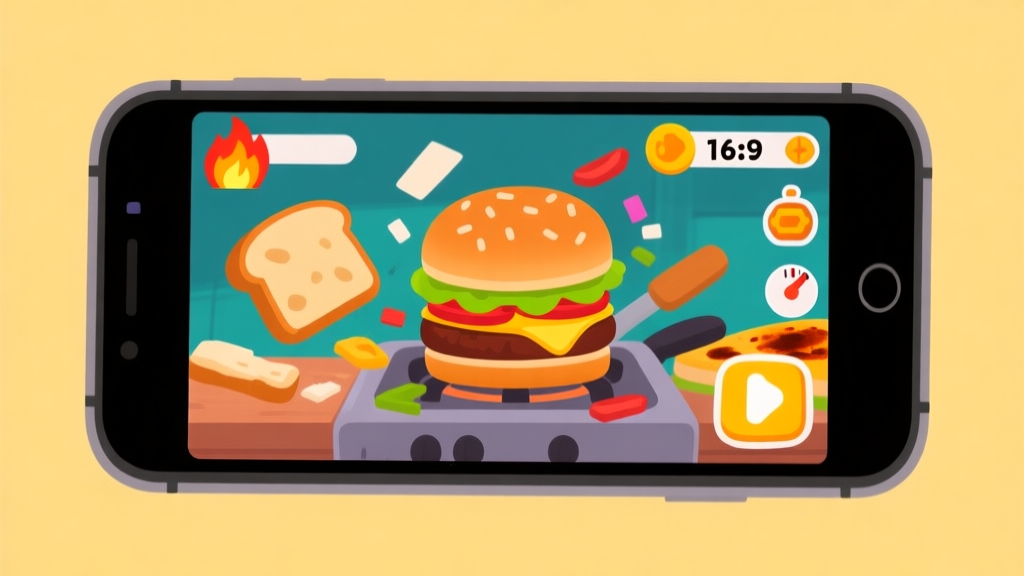 Ilustrasi game dengan layar ponsel yang menampilkan antarmuka memasak burger yang berantakan, dengan ikon api, roti gosong, dan timer yang hampir habis, dalam gaya seni game mobile yang cerah dan kartun high quality illustration, detailed, 16:9