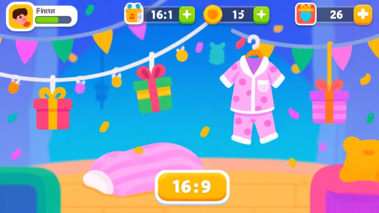 自动生成图片: Ilustrasi antarmuka game pesta piyama yang ceria dan berwarna-warni, menunjukkan ikon event, timer hitung mundur, dan beberapa hadiah yang tergantung, dengan gaya visual game sosial yang bersih dan minimalis high quality illustration, detailed, 16:9