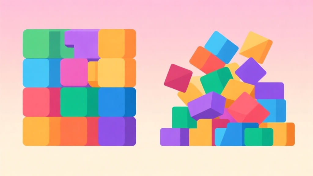 Ilustrasi layar game puzzle blok dengan berbagai bentuk geometri berwarna cerah, tumpukan yang rapi di satu sisi dan kekacauan di sisi lain, gaya flat design yang bersih, latar belakang soft gradient high quality illustration, detailed, 16:9