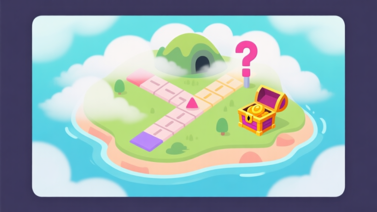自动生成图片: Ilustrasi peta game bergaya Ludo yang menunjukkan jalan utama dan sebuah pulau kecil tersembunyi di balik awan kabut, dengan petunjuk visual seperti tanda tanya dan peti harta karun, warna pastel dan cerah, desain clean dan menarik high quality illustration, detailed, 16:9