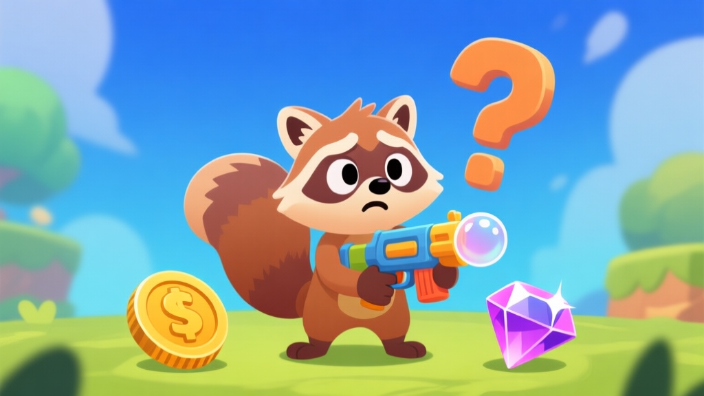 Ilustrasi karakter game Rakun dengan senjata gelembung, berdiri di antara ikon koin dan permata yang bersinar, dengan ekspresi bingung dan tanda tanya besar di latar belakang, gaya seni game mobile yang cerah dan bersih high quality illustration, detailed, 16:9