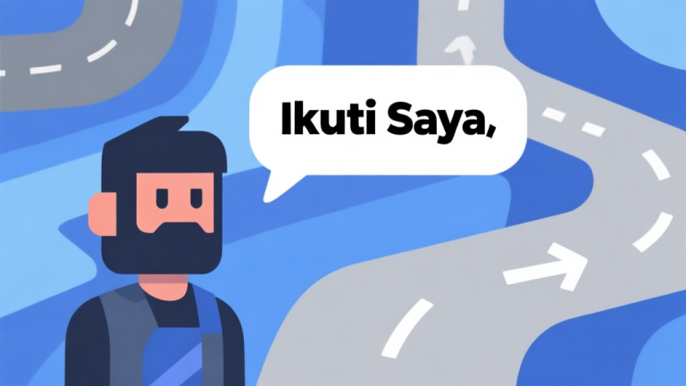 自动生成图片: Ilustrasi karakter game stylized dengan speech bubble bertuliskan "Ikuti Saya", latar belakang abstrak dengan jalur dan tanda panah, gaya minimalis dengan palet warna biru dan abu-abu yang tenang, konsep desain game high quality illustration, detailed, 16:9