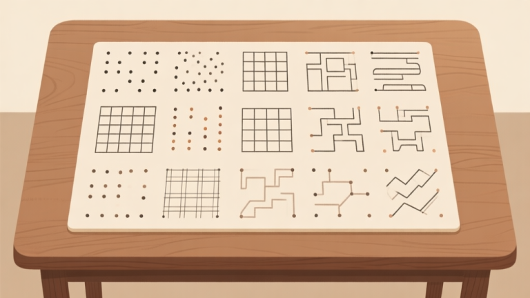 自动生成图片: Komposisi berbagai jenis puzzle garis (titik-titik tersebar, grid logika, jalur berliku) yang tersusun rapi di atas meja kayu, ilustrasi digital dengan gaya clean dan minimal, nuansa warna earth tone yang tenang high quality illustration, detailed, 16:9