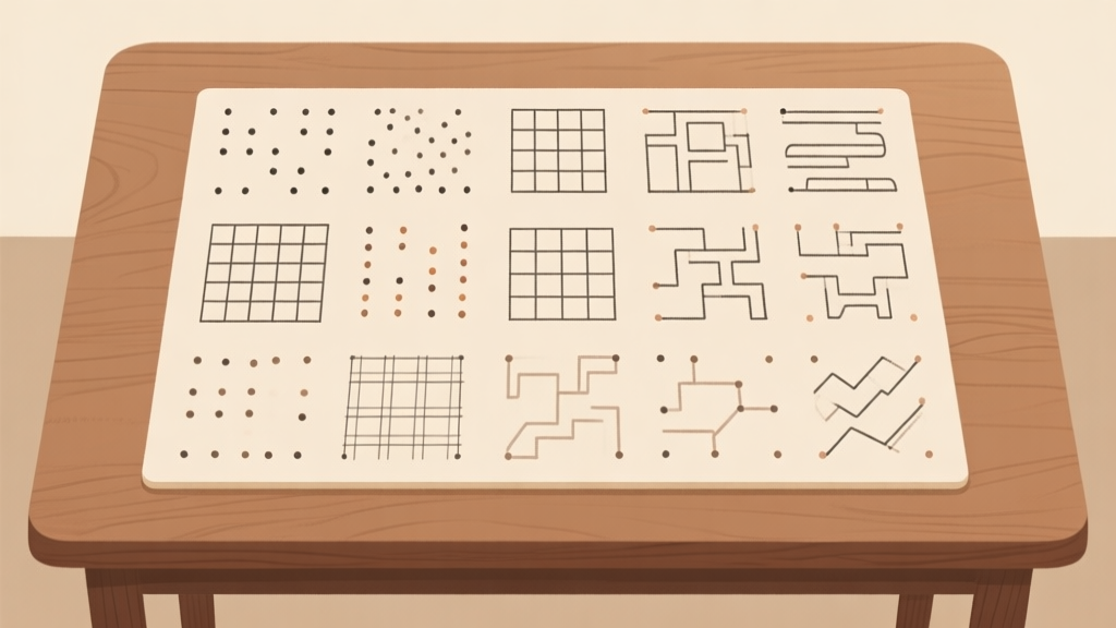 Komposisi berbagai jenis puzzle garis (titik-titik tersebar, grid logika, jalur berliku) yang tersusun rapi di atas meja kayu, ilustrasi digital dengan gaya clean dan minimal, nuansa warna earth tone yang tenang high quality illustration, detailed, 16:9