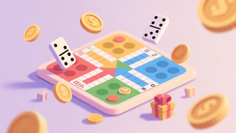 自动生成图片: Ilustrasi papan permainan Ludo dan Domino digital yang estetik, dengan koin dan hadiah melayang di sekitarnya, gaya flat design minimalis dengan warna pastel yang soft, nuansa game casual yang menyenangkan high quality illustration, detailed, 16:9