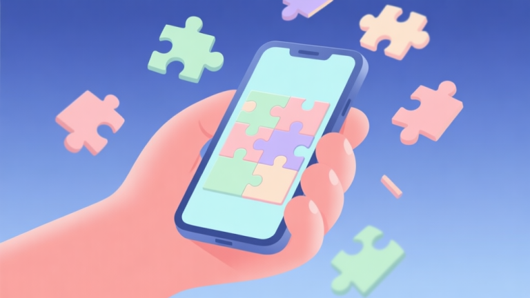 自动生成图片: Ilustrasi minimalis dari tangan memegang ponsel dengan game puzzle berwarna pastel lembut di layarnya, beberapa kepingan puzzle melayang di sekitarnya, desain bersih dan sederhana, gaya ilustrasi digital modern high quality illustration, detailed, 16:9