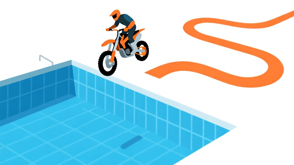 Ilustrasi minimalis game Moto X3M, dengan sepeda motor melayang di atas kolam renang biru, garis lintasan abstrak berwarna oranye, latar belakang putih bersih, gaya flat design high quality illustration, detailed, 16:9