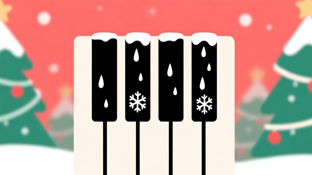 Ilustrasi minimalis layar game piano tiles dengan empat jalur vertikal, tile hitam dengan ikon salju jatuh, latar belakang tema Natal yang lembut dengan warna merah dan hijau, desain clean dan mudah dipahami high quality illustration, detailed, 16:9
