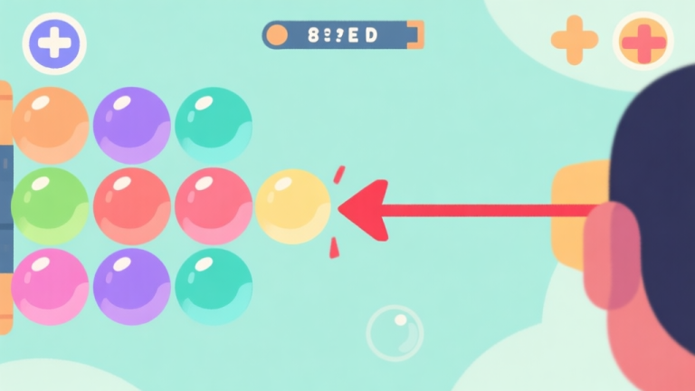 自动生成图片: Ilustrasi minimalis game bubble shooter dengan gelembung berwarna-warni yang tersusun rapi, ditampilkan dari sudut pandang pemain, dengan satu panah merah yang menunjukkan tembakan yang kurang tepat, skema warna pastel yang bersih high quality illustration, detailed, 16:9