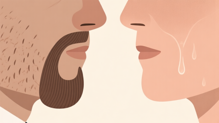 自动生成图片: Ilustrasi grafis minimalis yang menunjukkan kontras antara janggut yang kering dan bersisik di satu sisi, dan janggut yang sehat dan terhidrasi di sisi lain. Gunakan skema warna earth tone yang lembut, dengan tekstur visual yang menggambarkan kekeringan vs kelembapan. Gaya ilustrasi konsep bisnis yang bersih. high quality illustration, detailed, 16:9